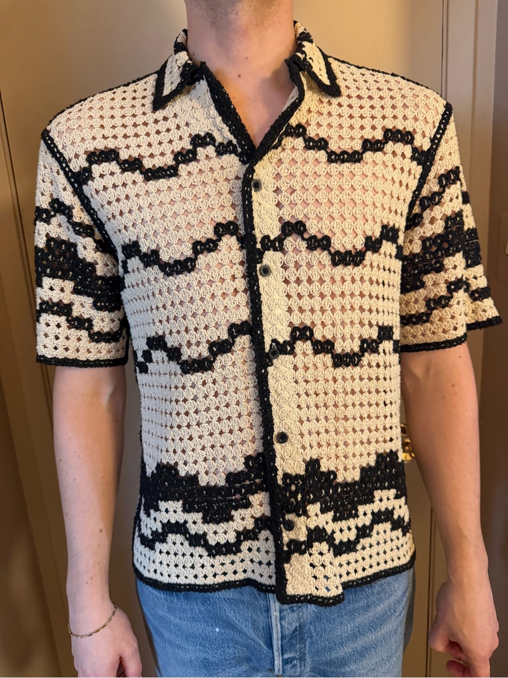 Zara Cream & Black Crochet Short-Sleeve Button-Front Shirt